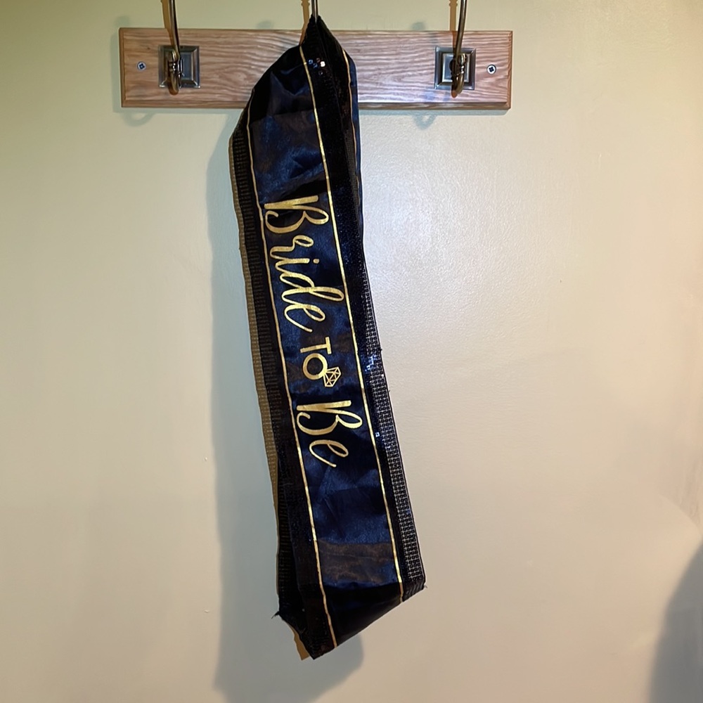 Bride To Be Bridal Sash Black with Sequin trim and Gold Lettering EUC